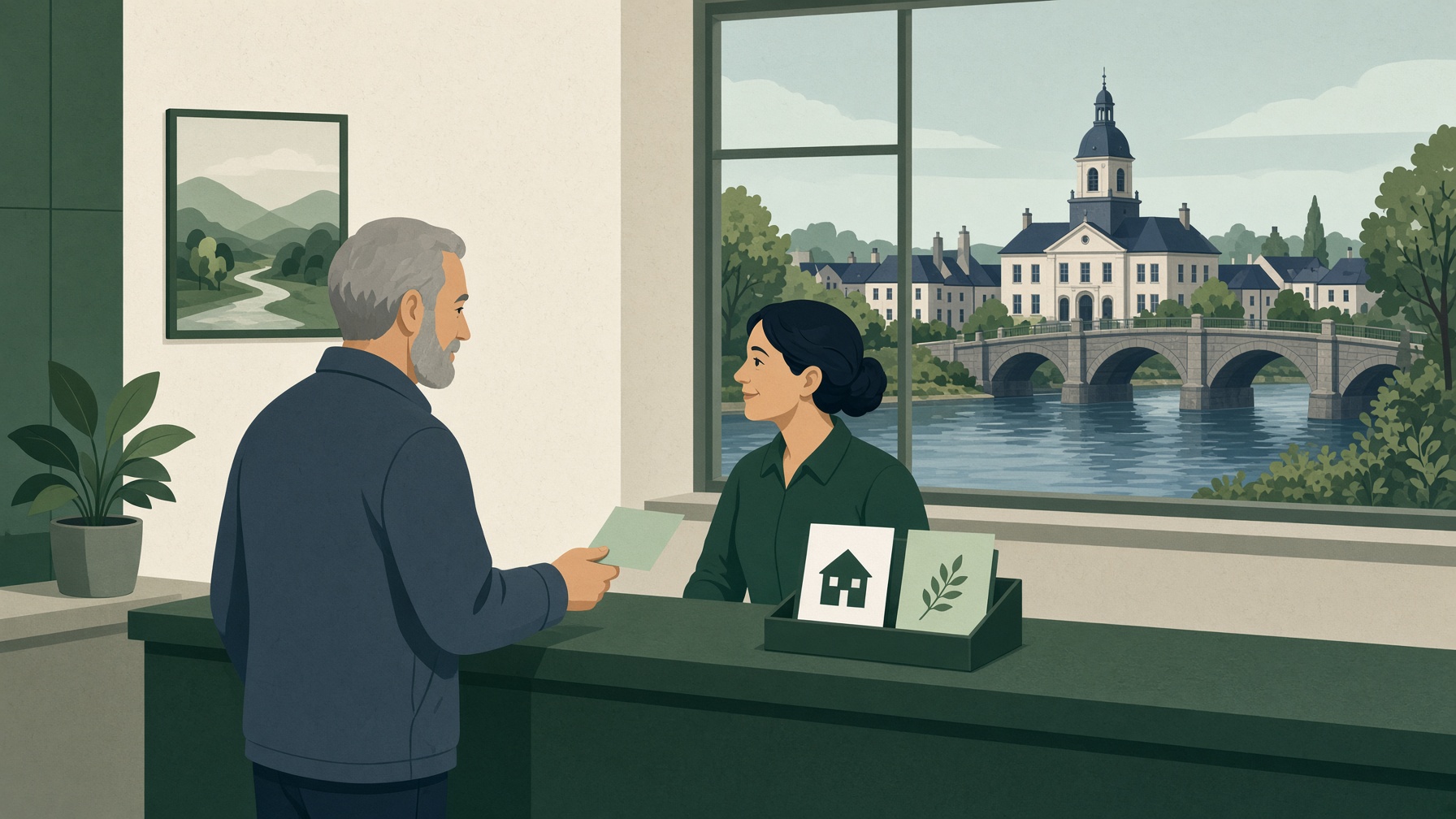 A resident hands a permit application to a municipal clerk, with the Northbridge bridge and town hall beyond the window.