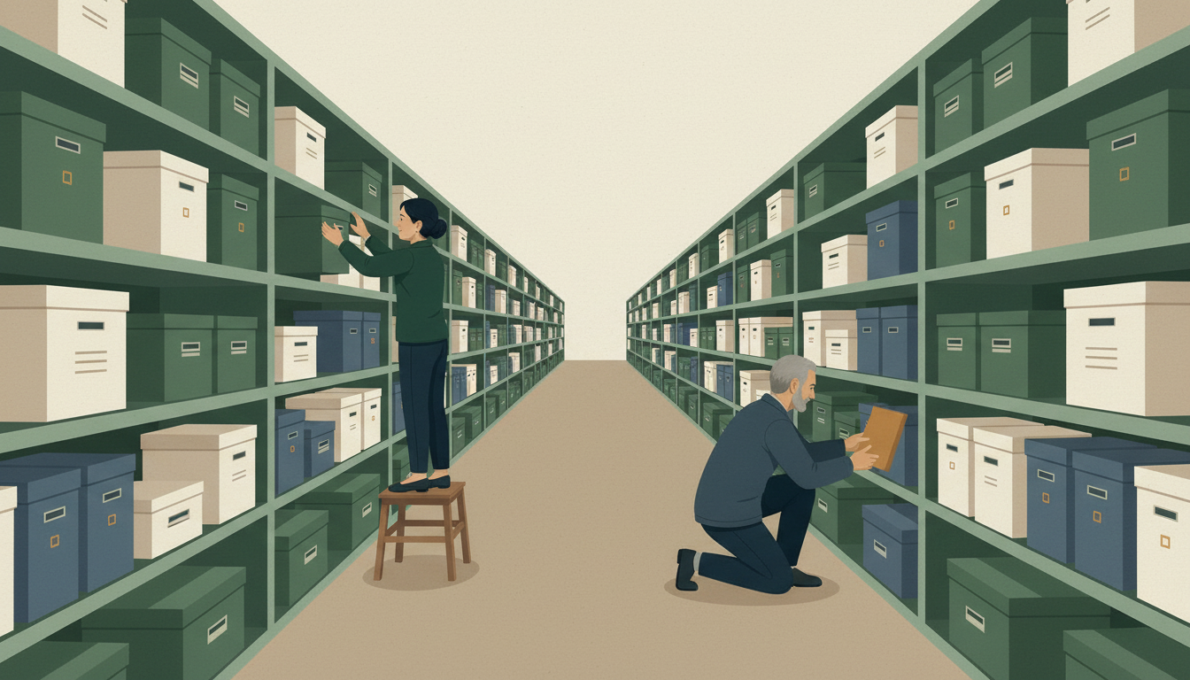 Clerks search different shelves in a municipal archive for sources.