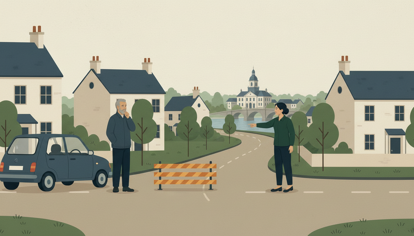 A resident beside a car considers an open road and a route blocked by a maintenance barrier.