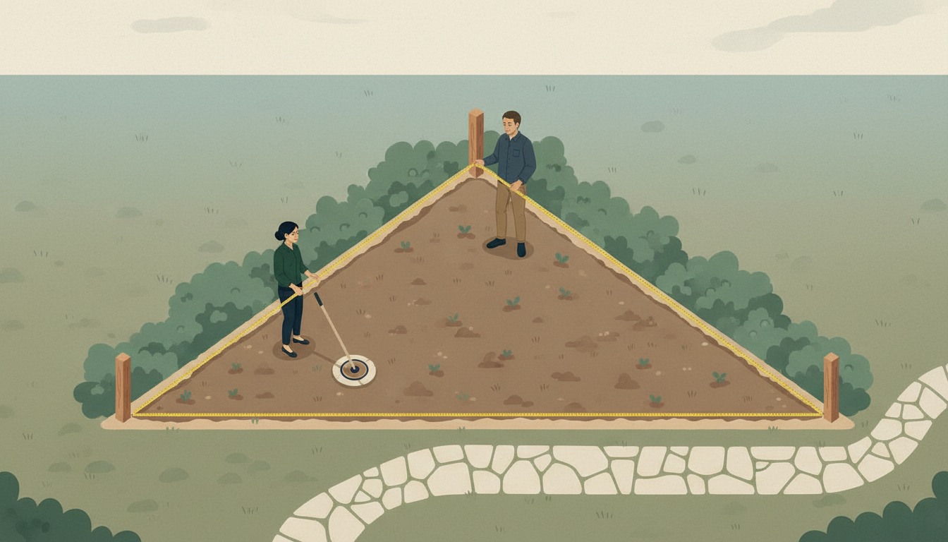 A clerk and engineer measure a triangular plot with a tape stretched between wooden stakes.