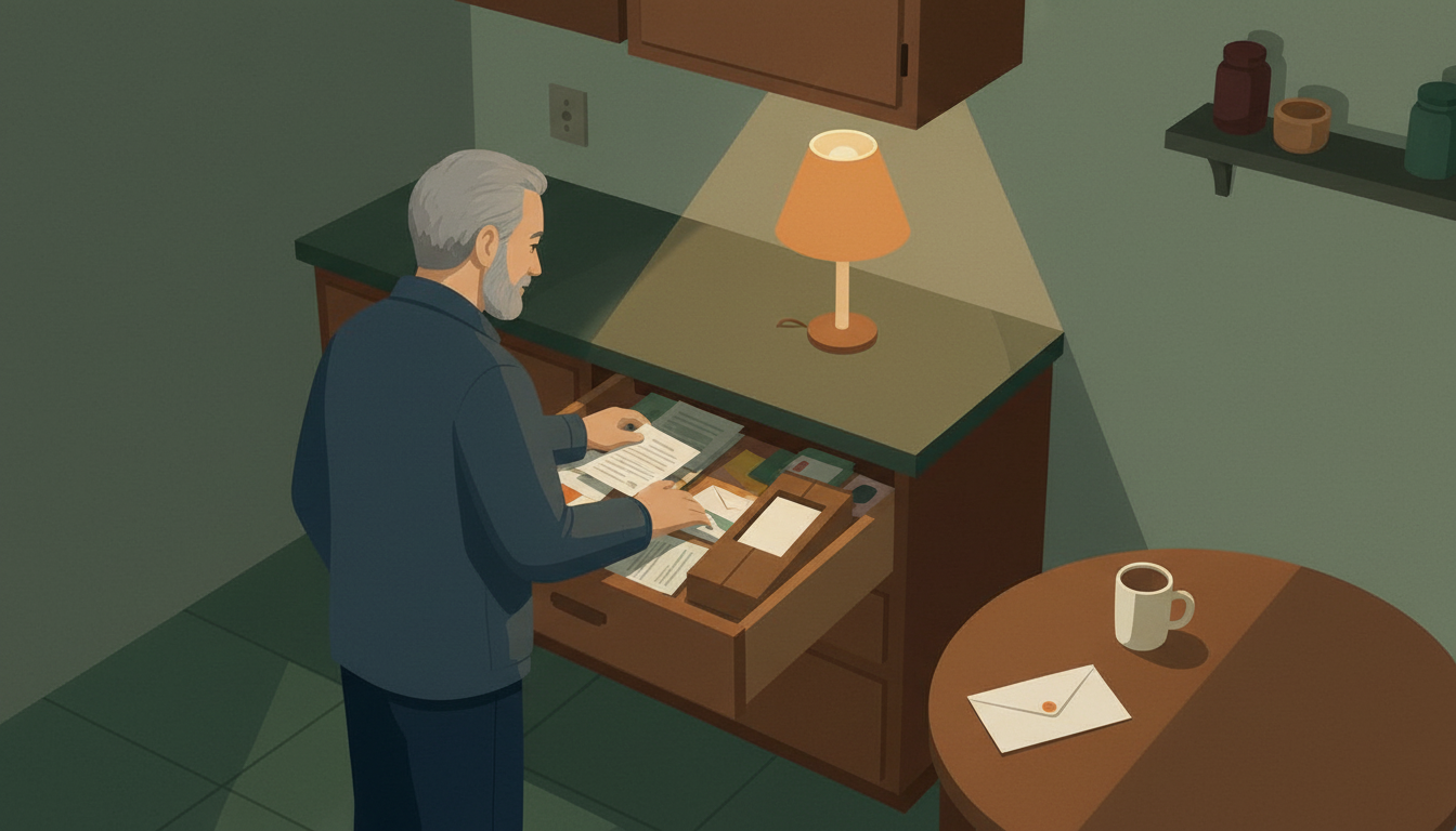 A resident searches a household drawer for a missing certificate.